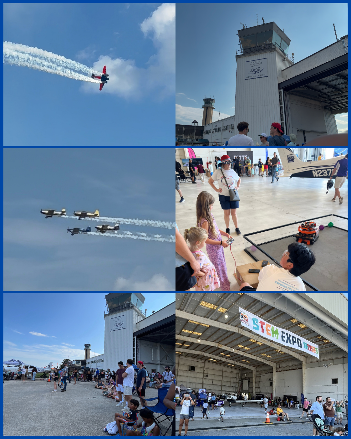 PDK STEM Expo and airshow collage with aircraft, spectators, robotics activities and exhibits inside a hangar.