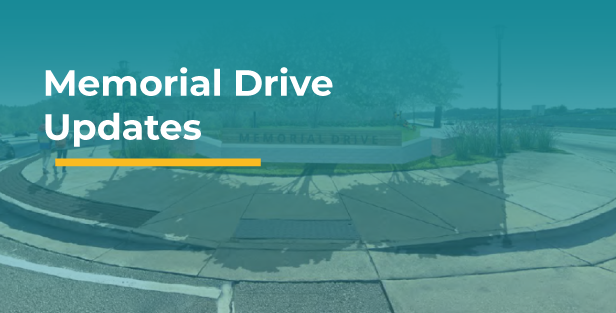 Memorial Drive Updates header over a teal-tinted photo of the Memorial Drive monument sign and landscaped streetscape.
