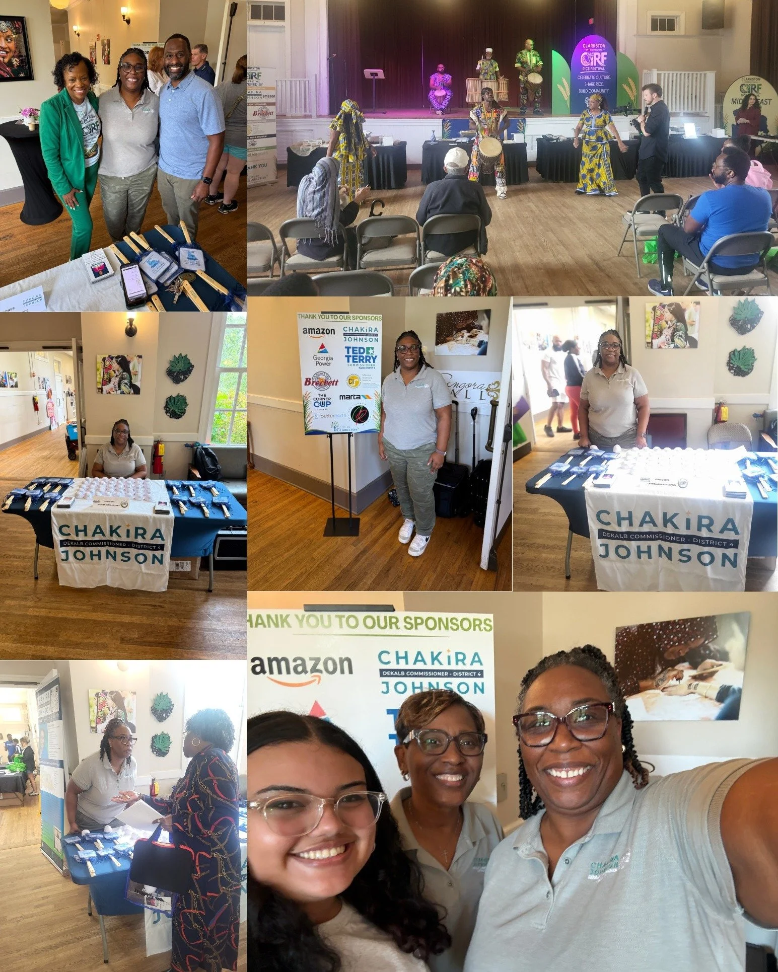 Clarkston International Rice Festival collage with cultural performers, District 4 outreach and Commissioner Chakira Johnson with staff.