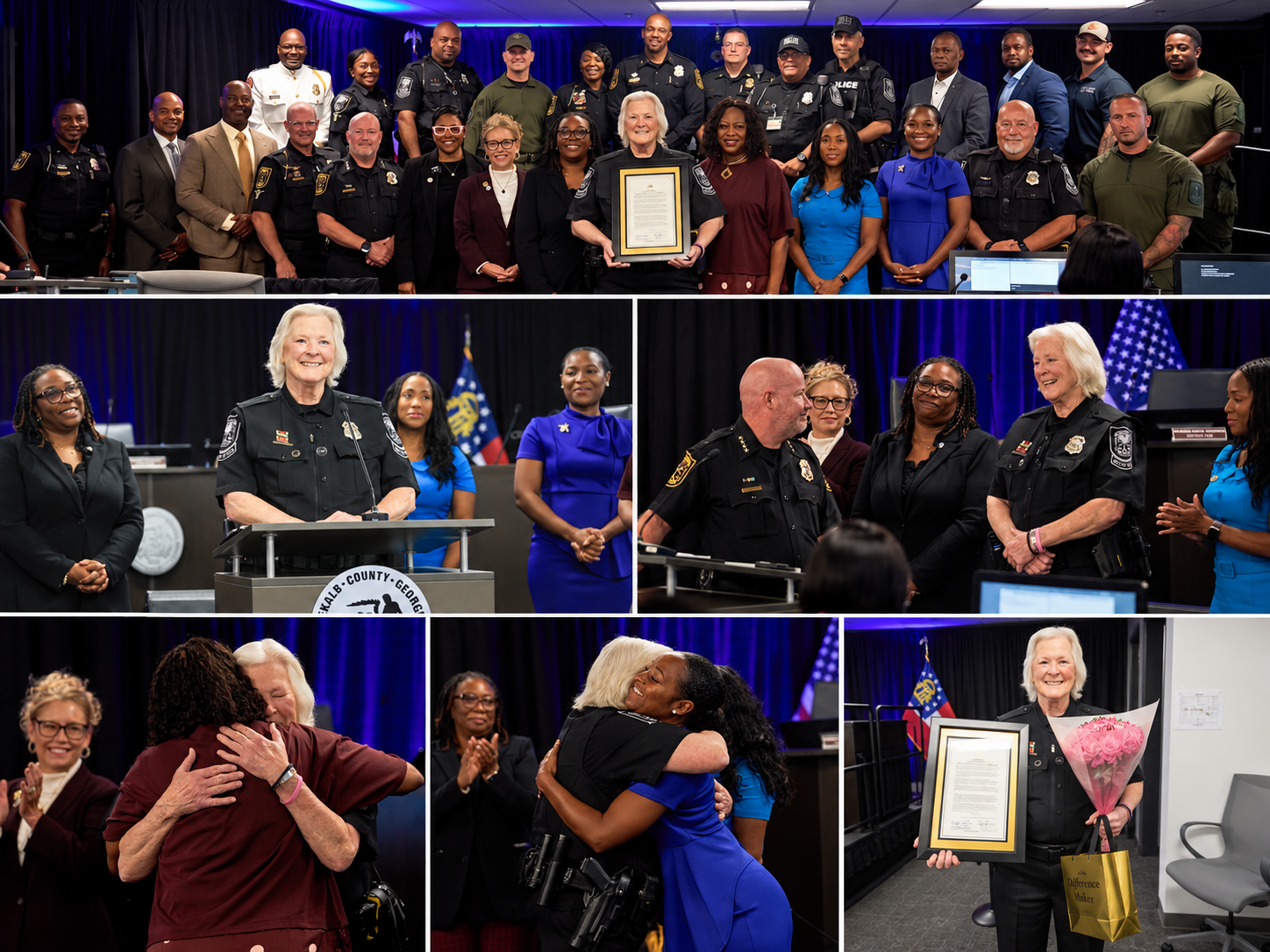Collage honoring Master Police Officer Gale Karabeika’s 50 years of service, with County leaders, proclamations and recognition moments.