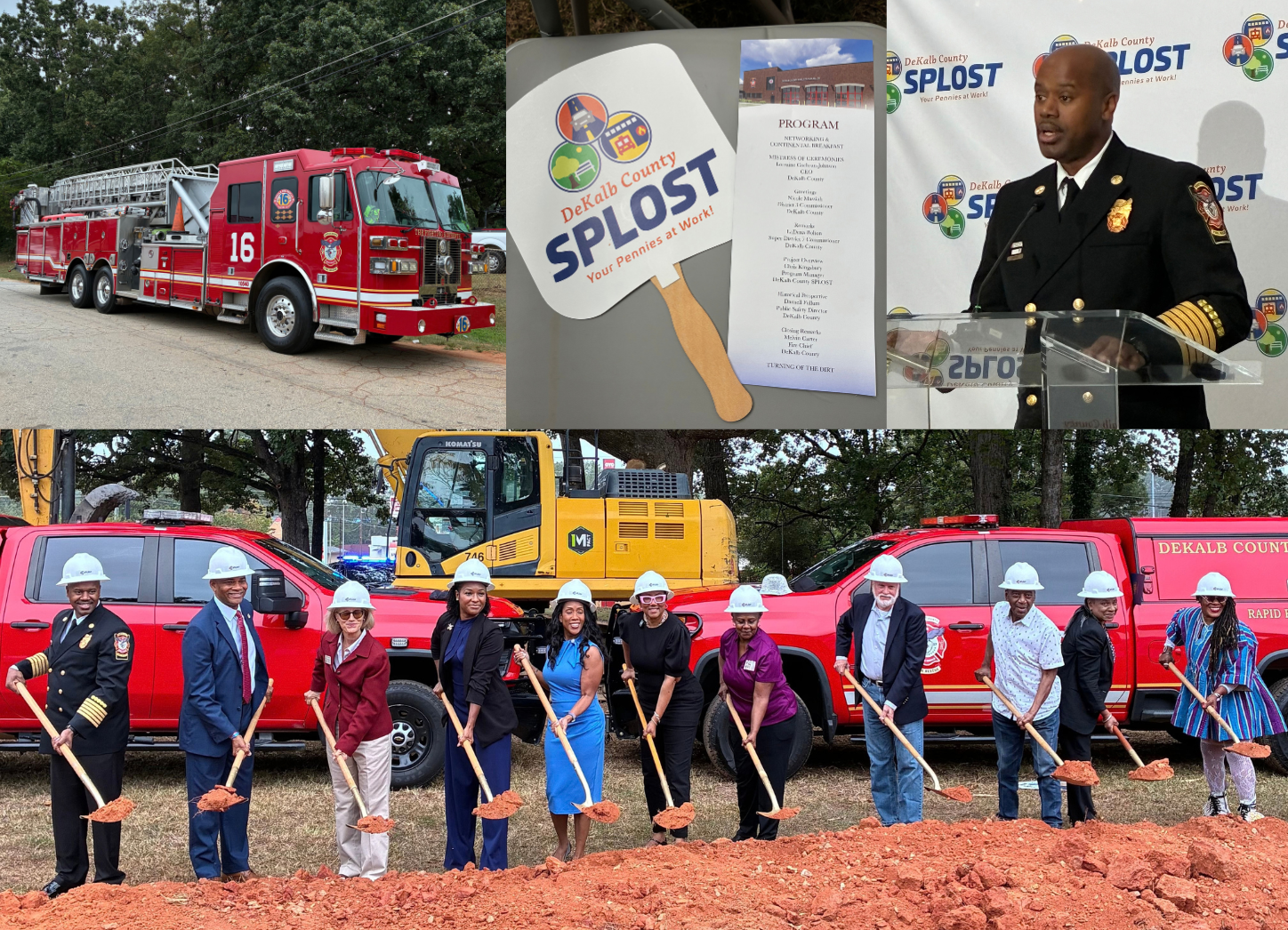 Fire Station No. 16 groundbreaking collage with a ladder truck, station rendering, Chief Melvin Carter and ceremonial shovels.
