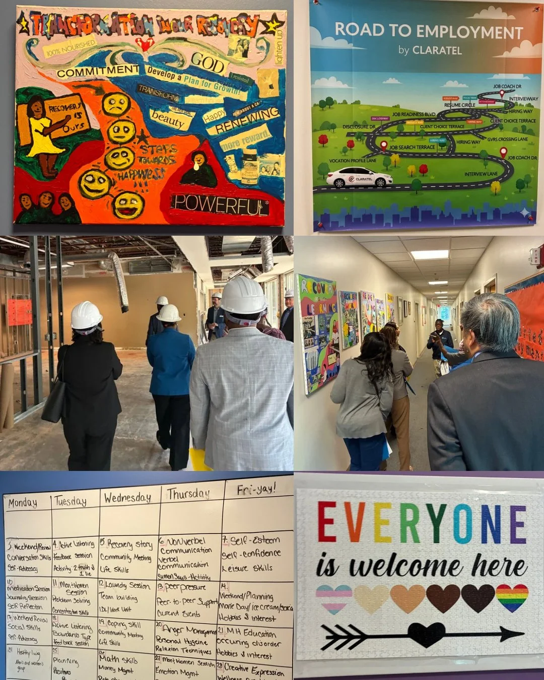 Claratel Behavioral Health tour collage showing recovery artwork, employment resources, construction areas and participant displays.