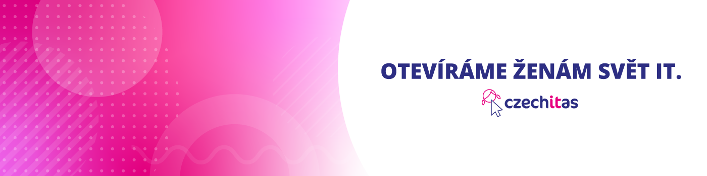 Pink and purple graphic background with white patterns on left side and CzechItAs logo on right side, with text in Czech that translates to "Opening the world to women."