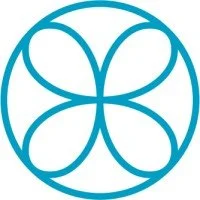 A blue line art illustration of a geometric circular pattern with symmetrical looping shapes.