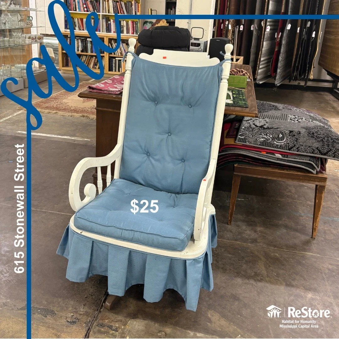 Looking for a charming addition to your home? 🌟 Check out this beautiful wooden rocking chair, complete with cozy blue cushions! Perfect for relaxing on the porch or in your favorite reading nook. 🪑💙 

Available now at the ReStore! Don&rsquo;t mis