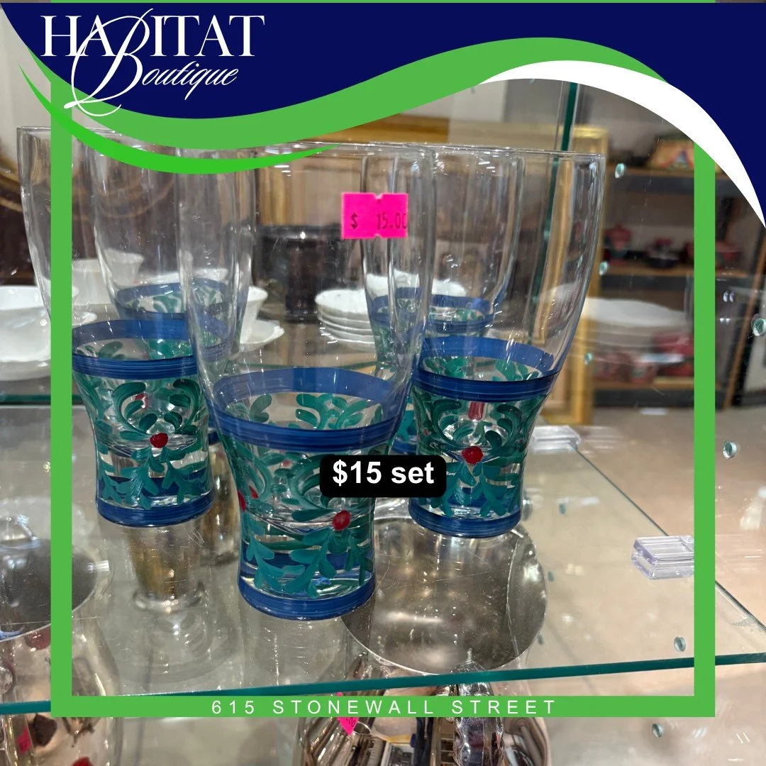 Sip in style! 💙 These delicate glasses with blue accents are the perfect mix of vintage charm and everyday elegance. Find this set of five and other one-of-a-kind treasures at the Habitat Boutique.