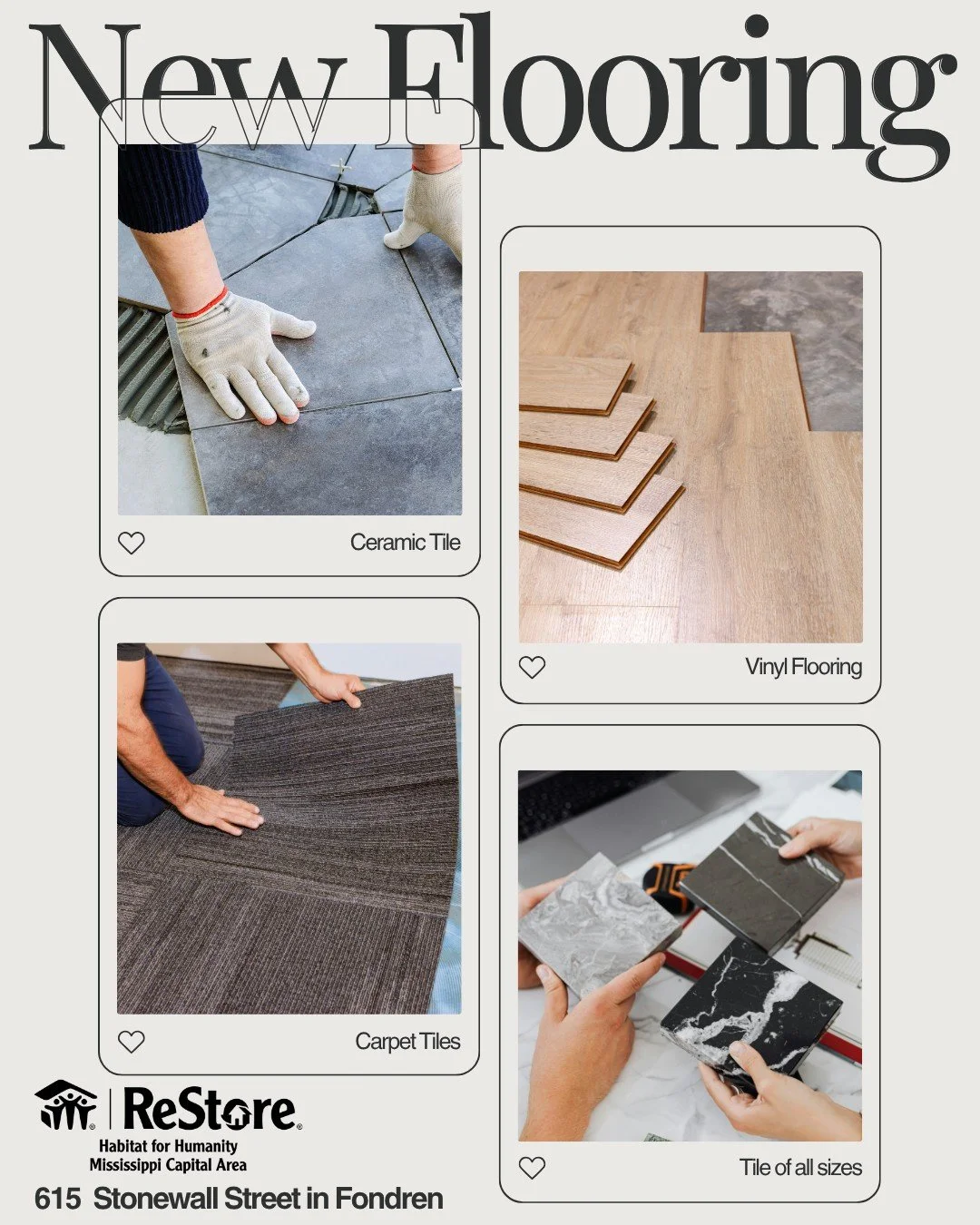 Fresh flooring just landed at the ReStore! From wood to tile and everything in between, we&rsquo;ve got beautiful options ready for your next home project, at prices you&rsquo;ll love. 🏠💪

Come browse our new selection before it&rsquo;s gone! Every