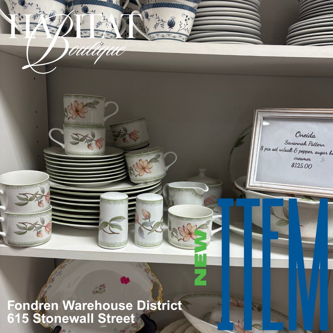 Looking for a thoughtful gift or a classic addition to your own table? 🎀 This Oneida Savannah China set has it all, 8 pieces plus sugar, creamer, and salt &amp; pepper shakers. Available now at the Habitat Boutique!