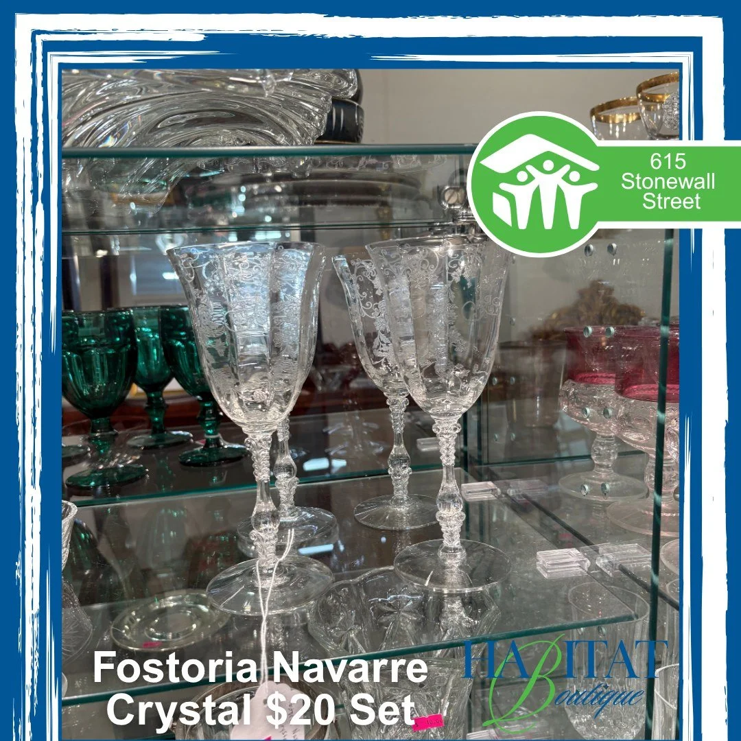 These stunning Fostoria Navarre Crystal glasses are available now at the Habitat Boutique. ✨ Perfect for entertaining, gifting, or adding a touch of vintage charm to your collection. 🍷

Shop beautiful finds that make a difference. Every purchase sup
