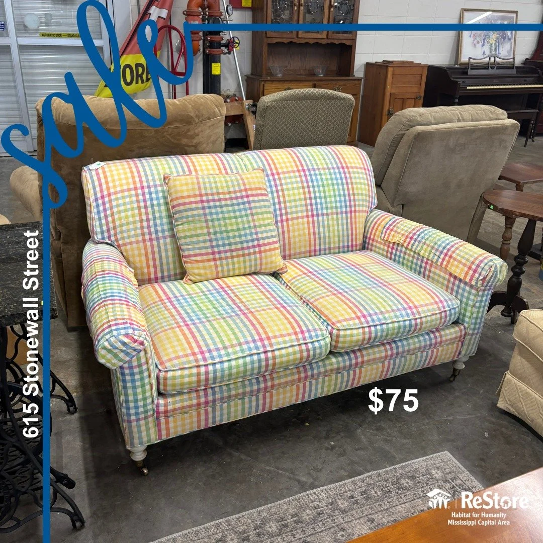 🛋️ Add a pop of color to your space! 🌈 This fun loveseat is perfect for a dorm, apartment, or cozy corner &mdash; and it&rsquo;s waiting for you at the Habitat ReStore. 💚 #ReStoreFinds #HabitatReStore