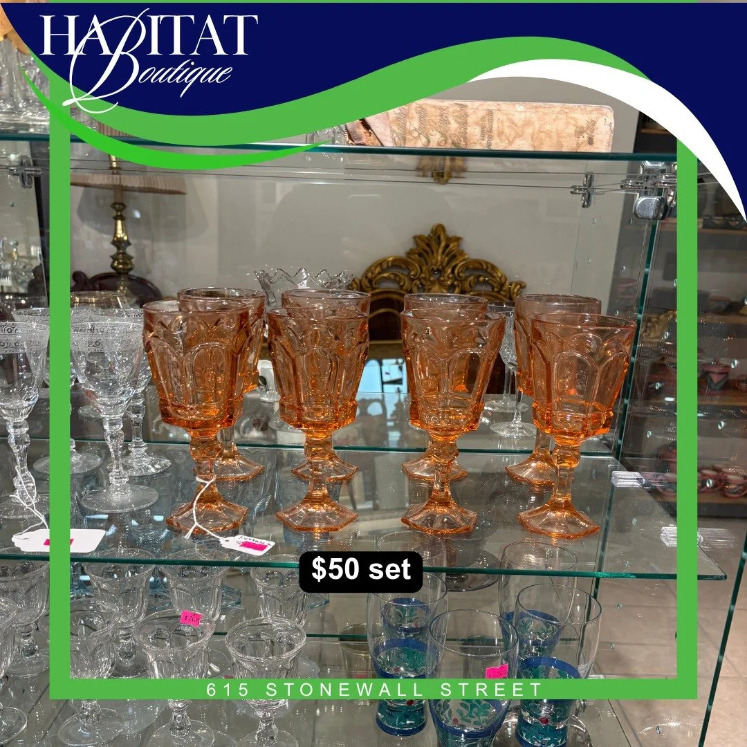 🥂 Sip in style! ✨ This chic glassware set is ready to elevate your table. Find it today at the Habitat Boutique! 💚 #HabitatBoutique #ReStoreFinds