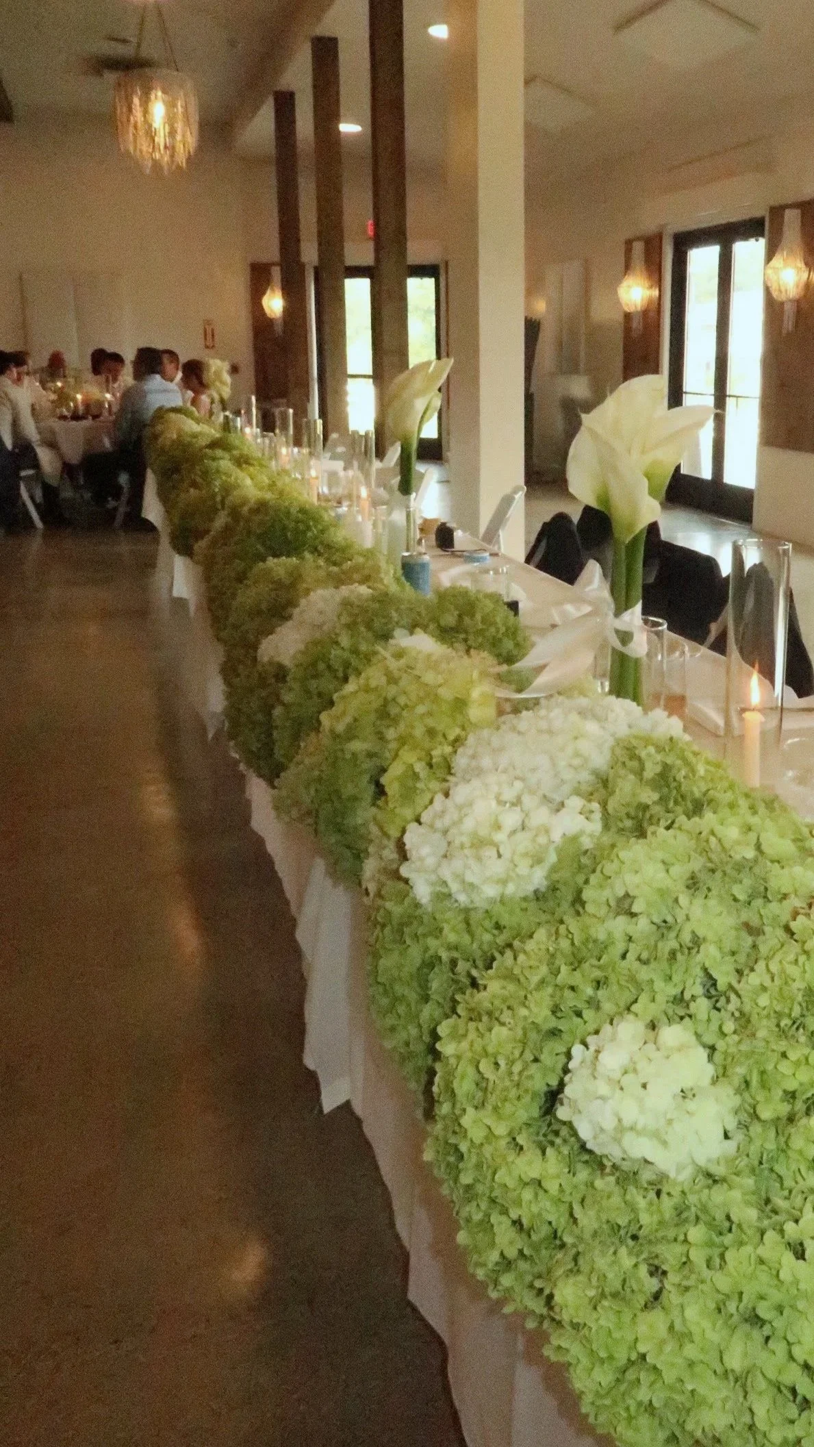 Custom floral centerpiece hydrangea runner wedding designed by Lauren Burchart Designs