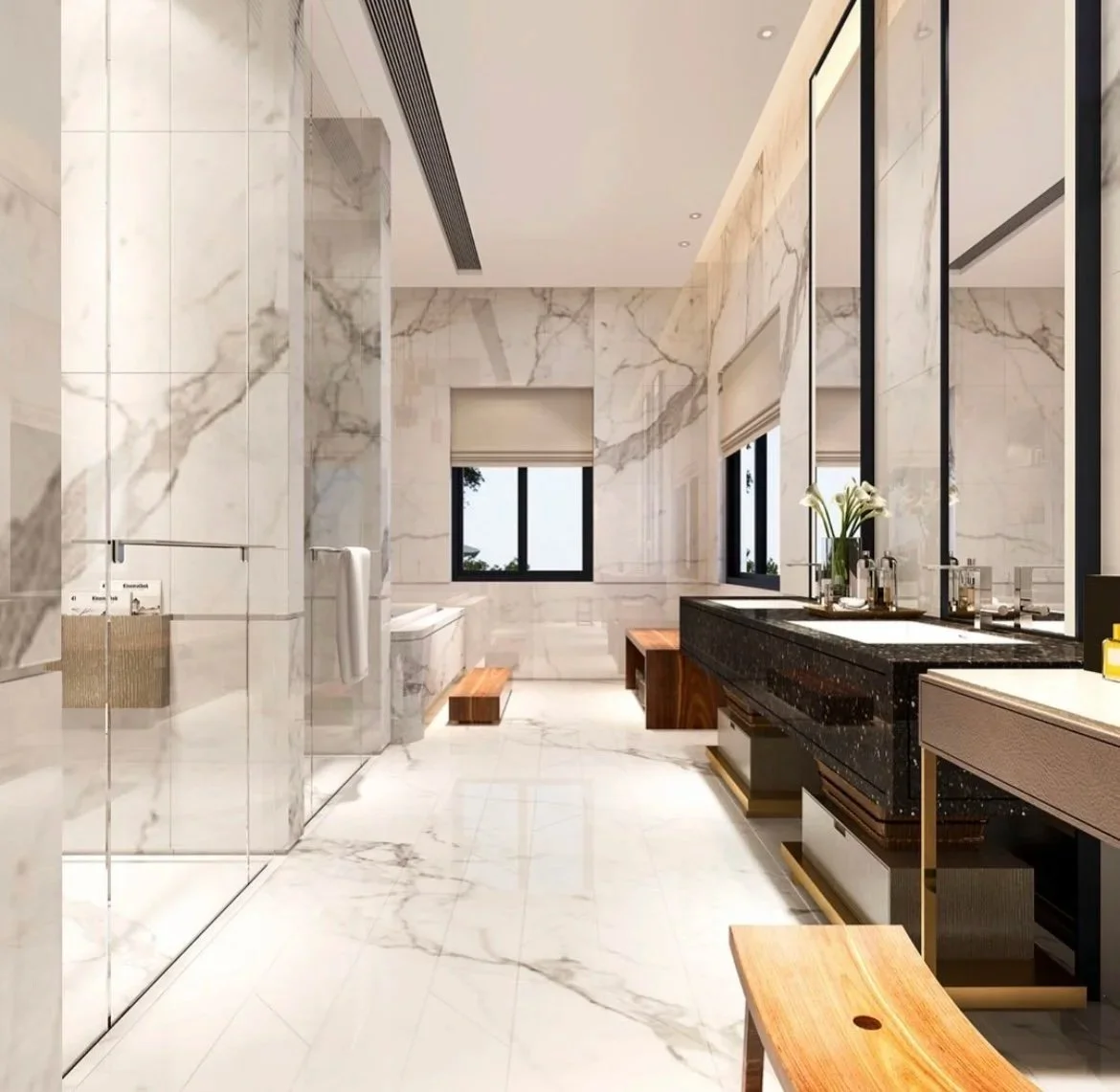 Luxurious modern bathroom with marble walls and floors, black double vanity with mirror, wooden benches, and windows with shades.