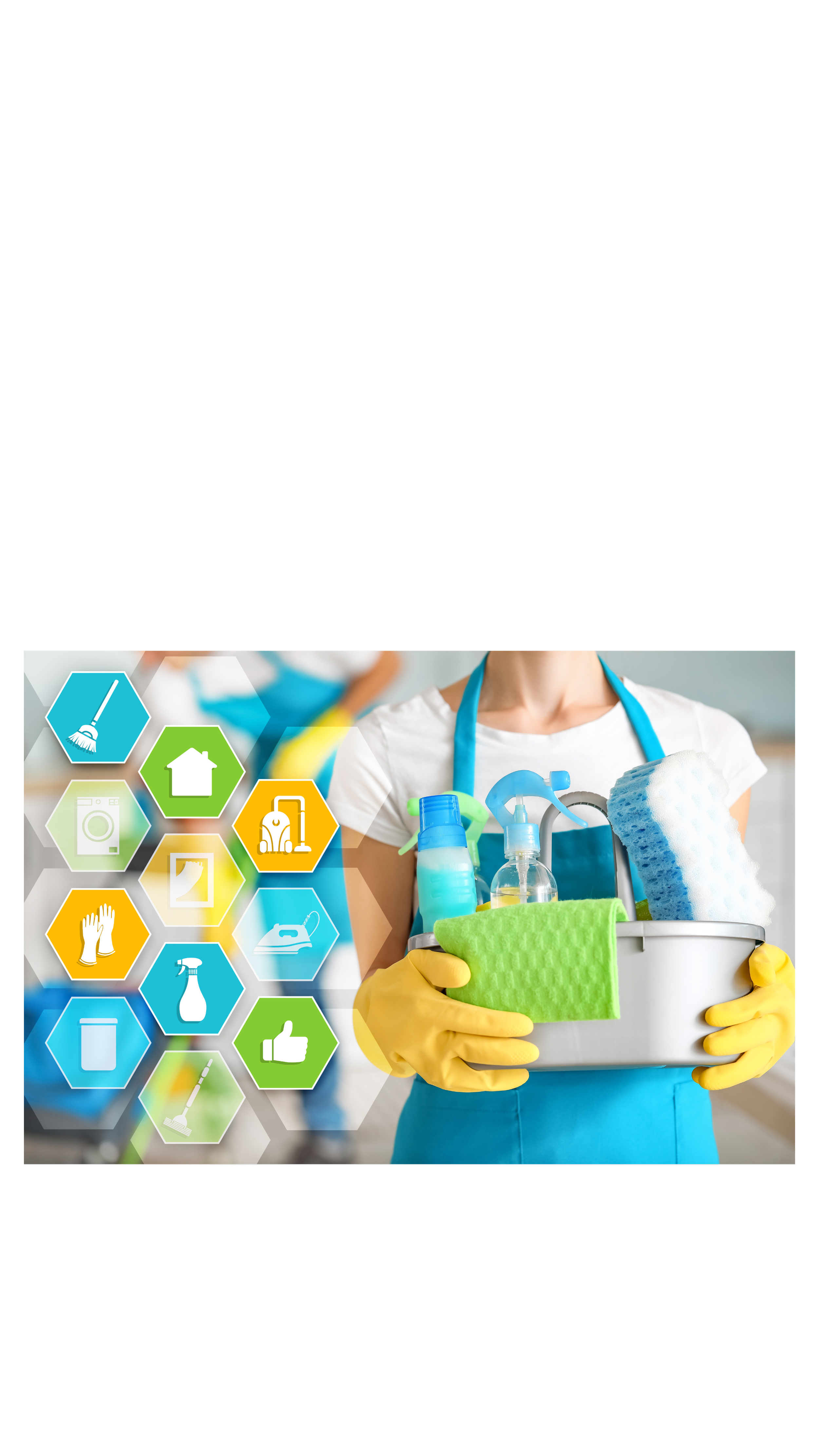 Person wearing blue apron and yellow gloves holding a cleaning caddy with cleaning supplies, with icons related to cleaning tasks in the background.