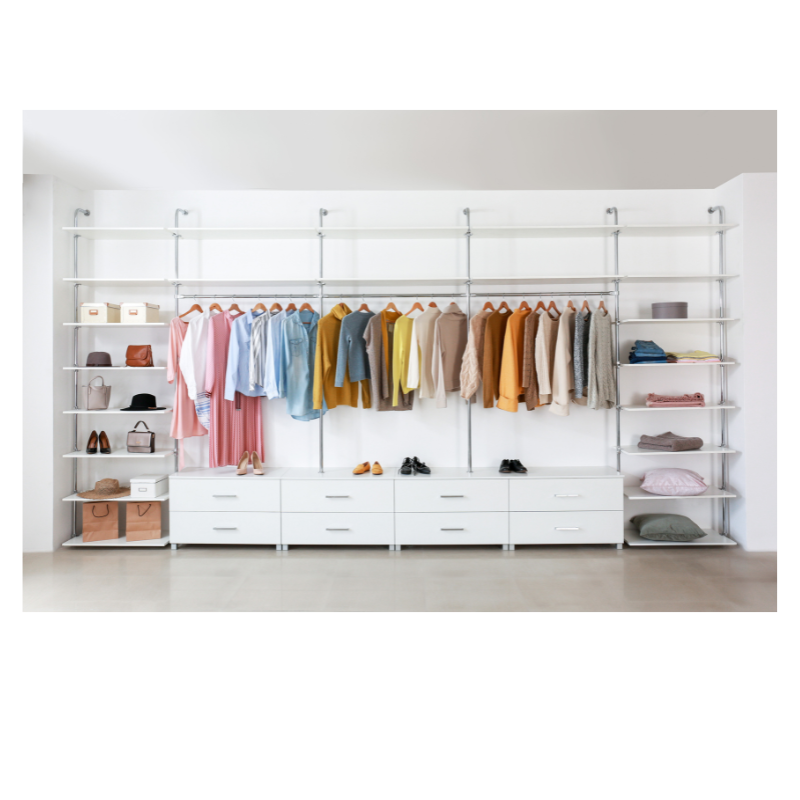 Organized closet with shelves and hanging clothes