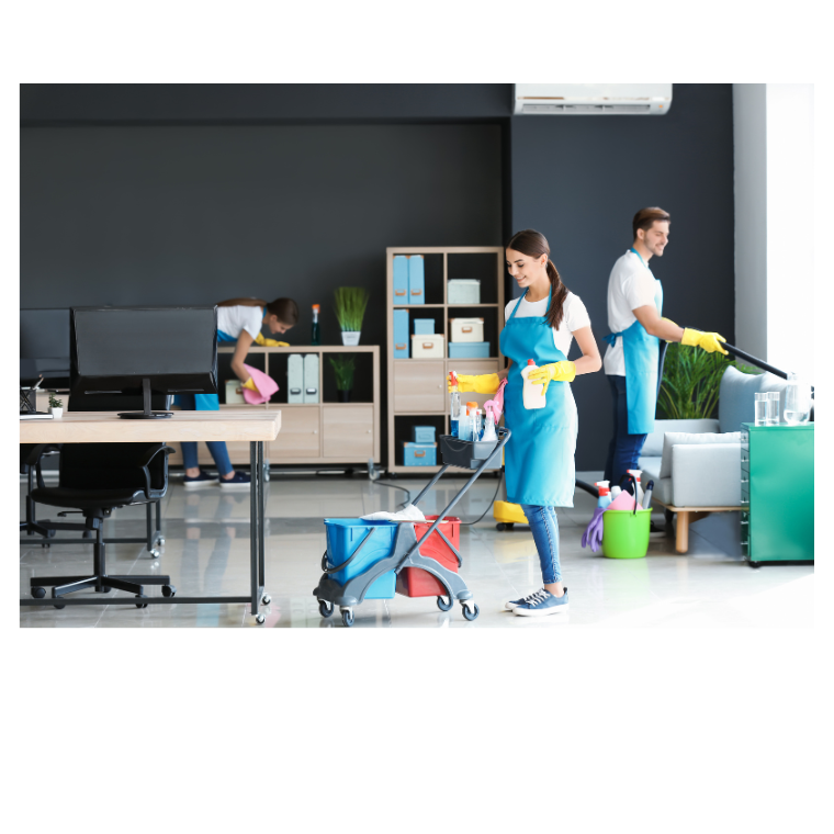 Office cleaning team with supplies in modern workspace