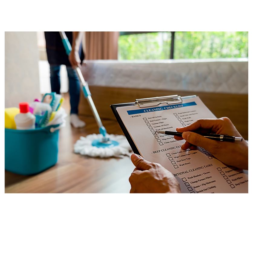 Person holding a cleaning checklist clipboard, with another person mopping a wooden floor in a bedroom. A bucket filled with cleaning supplies is visible nearby.