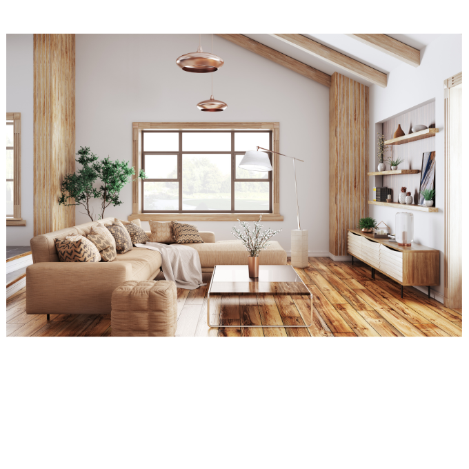 Modern living room with a beige sectional sofa, wooden flooring, and large windows. The room features a glass coffee table, potted plants, wall shelves with decor, and a floor lamp. The ceiling has exposed beams, and there are pendant lights.