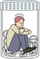 Illustration of a person sitting inside a large prescription bottle, surrounded by pills, with a sad expression.