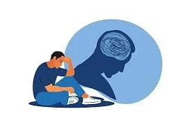 Illustration of a person sitting with head in hand, symbolizing mental health, with a silhouette of a head showing tangled lines inside, representing confusion or stress.