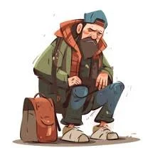 Cartoon illustration of a bearded man in casual clothing with a backpack and cap, sitting and resting on a stool.
