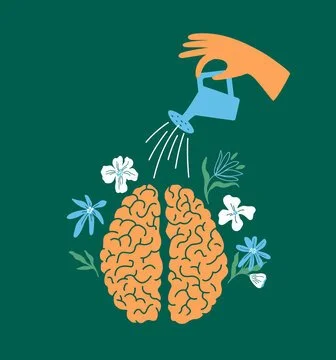 Illustration of a hand watering a brain with flowers around it