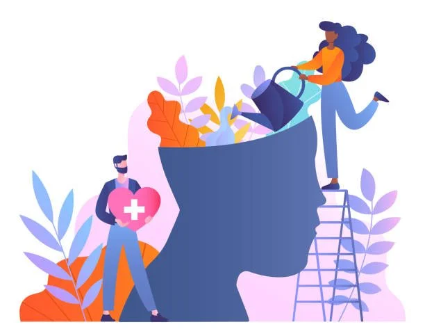 Illustration of a human head silhouette with plants growing inside, representing mental health. One person on a ladder waters the plants, while another holds a heart with a medical cross. Surrounded by colorful leaves.