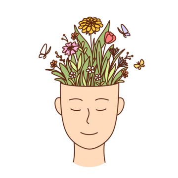 Illustration of a person's head with eyes closed, topped with plants and flowers, surrounded by butterflies and sparkles.
