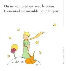Une illustration d'un Petit Prince avec un renard, entourés d'étoiles et de fleurs, accompagnée d'une citation en français : 'On ne voit bien qu'avec le cœur. L'essentiel est invisible pour les yeux.'