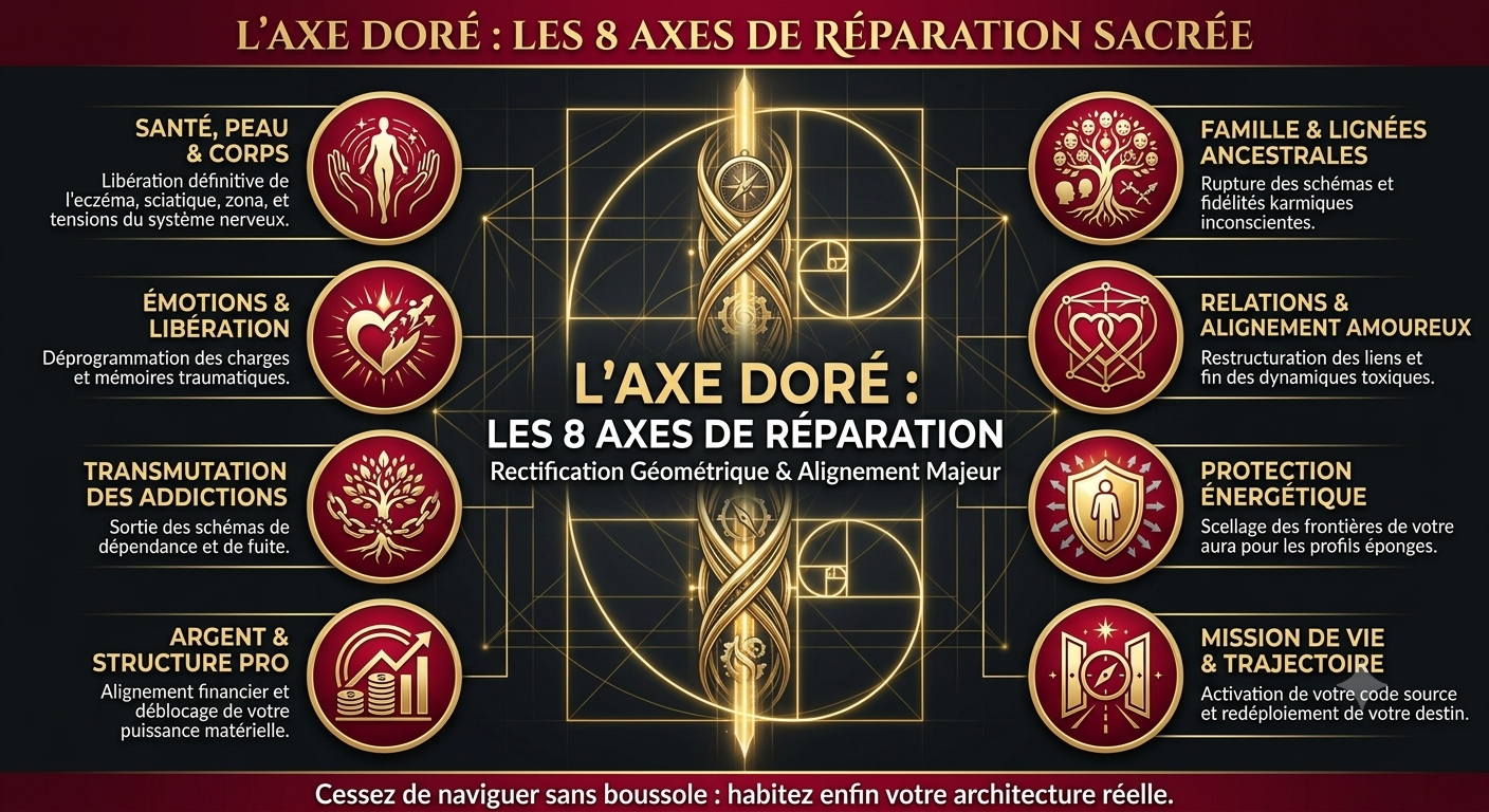 Infographie en français sur l'axe d'or, les 8 axes de réparation sacrée, avec symboles et descriptions pour chaque axe, tels que santé, émotions, transmutation, argent, famille, relations, protection, mission dans un fond noir et doré.