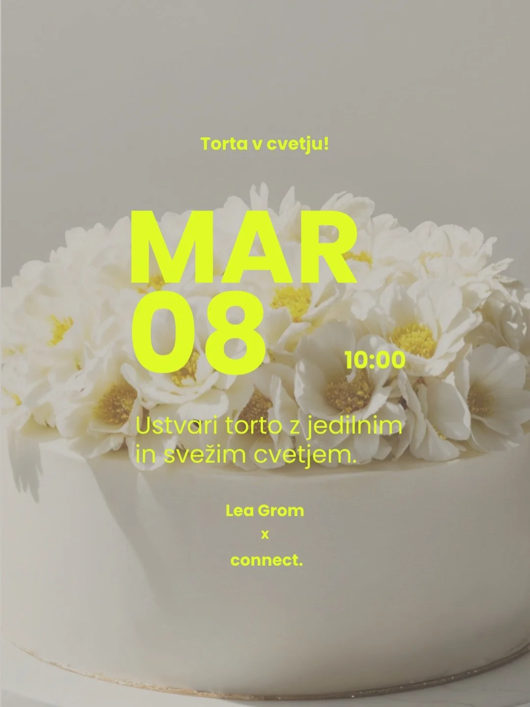 8.marca vas vabimo na kulinarično delavnico Torta v cvetju, kjer bomo pod mentorstvom @stories_by_lea ustvarjale moderno, naravno okra&scaron;eno torto z jedilnim in svežim cvetjem.

V dveh urah bomo spoznale osnove sestavljanja in obmazovanja torte,
