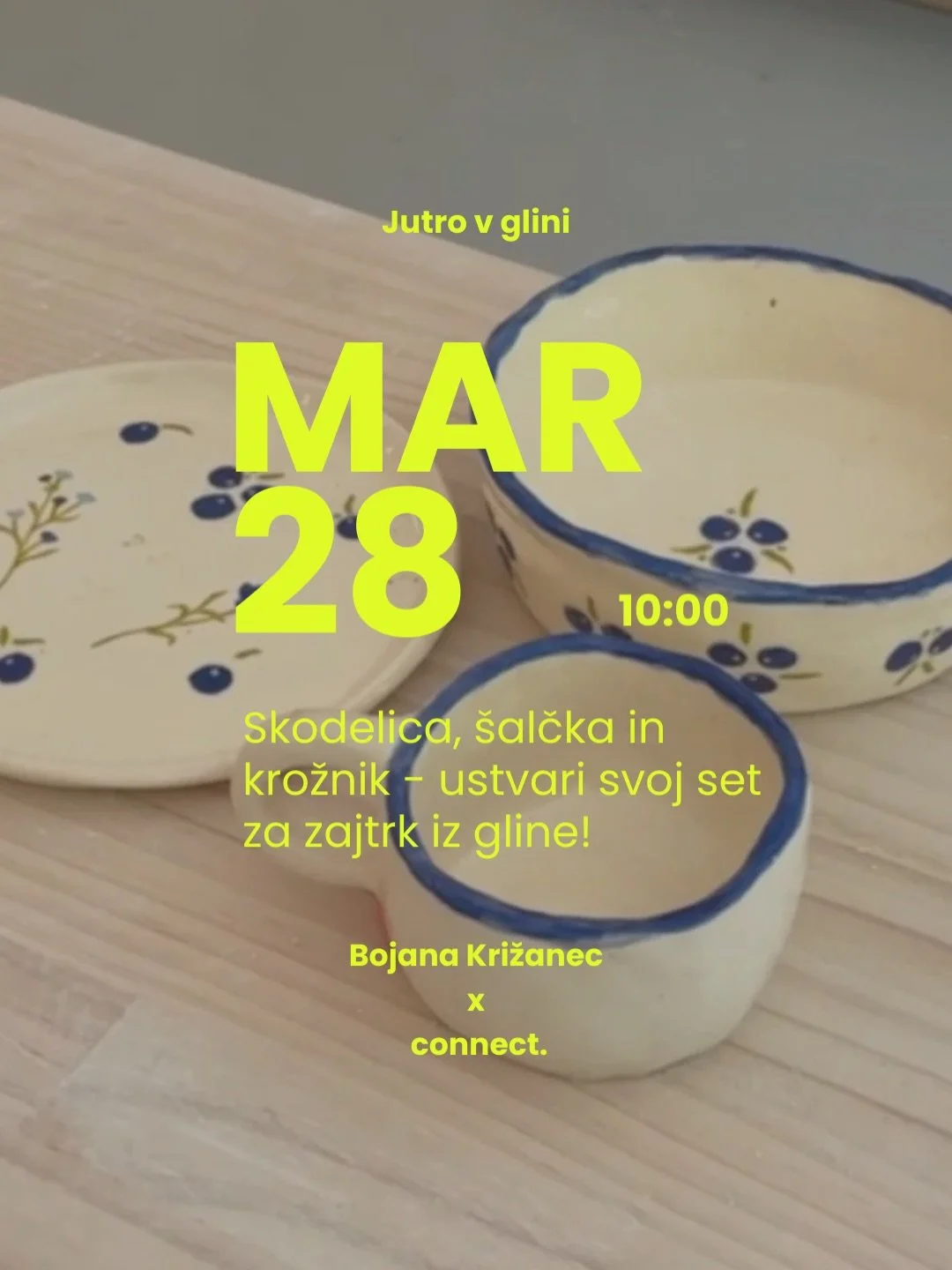 Počasno sobotno dopoldne, glina v rokah in ustvarjanje seta za zajtrk, ki ga bo&scaron; uporabljala &scaron;e dolgo. Na delavnici bomo oblikovali skodelico, &scaron;alčko in krožnik, popolnoma po svojem občutku. Predznanje ni potrebno.

Delavnico vod