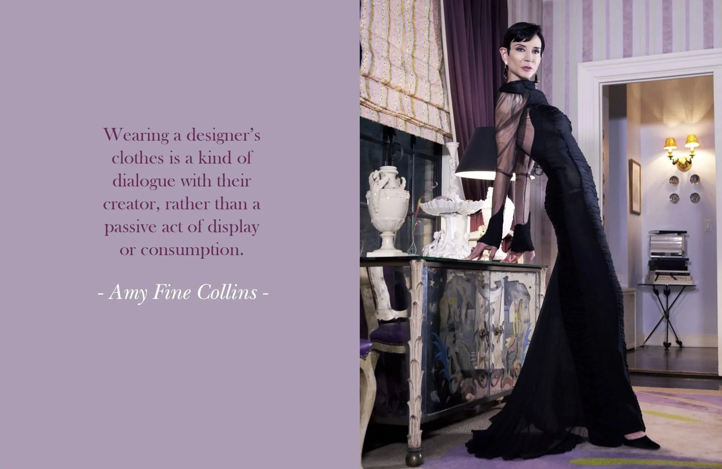 Portrait of Amy Fine Collins with polished hair and elegant natural makeup by NYC makeup artist and hairstylist. A quote by Amy Fine Collins about wearing designer clothes is on the left side of the image.