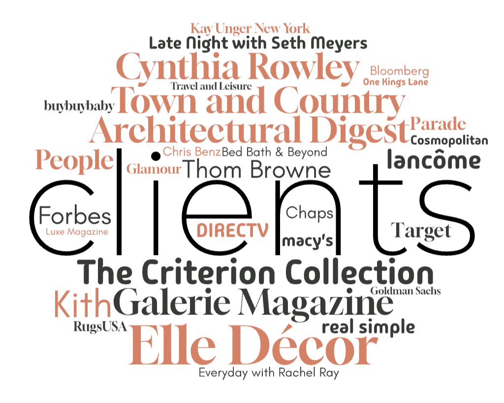 A word cloud featuring names of magazines, TV shows, brands, and people, including Elle Décor, Town and Country, Cynthia Rowley, Kith, The Criterion Collection, Elle Décor, and others.