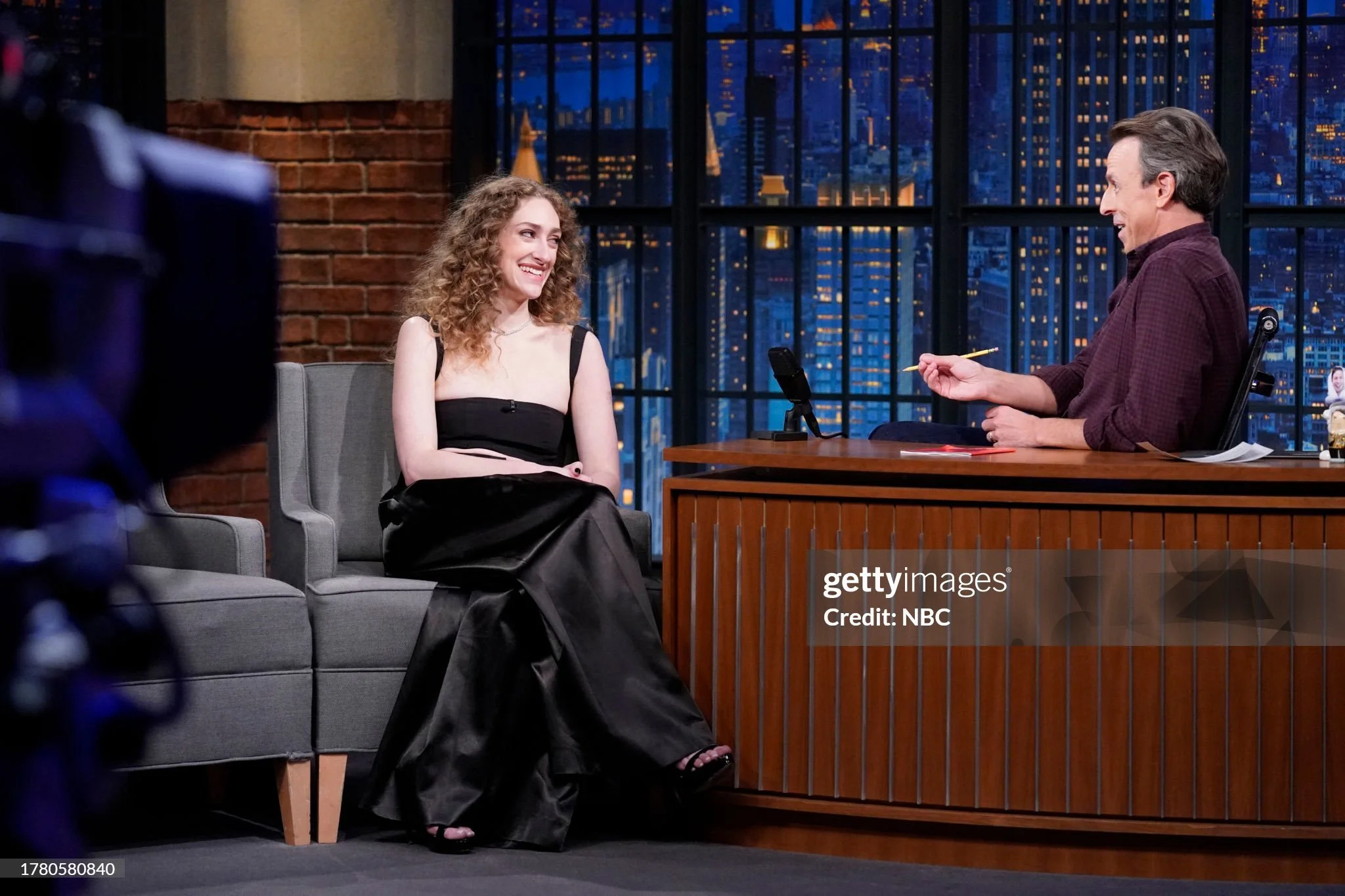 Micaela Diamond appearance on Late Night with Seth Meyers with glamorous hair and soft glam makeup by NYC hair and makeup artist