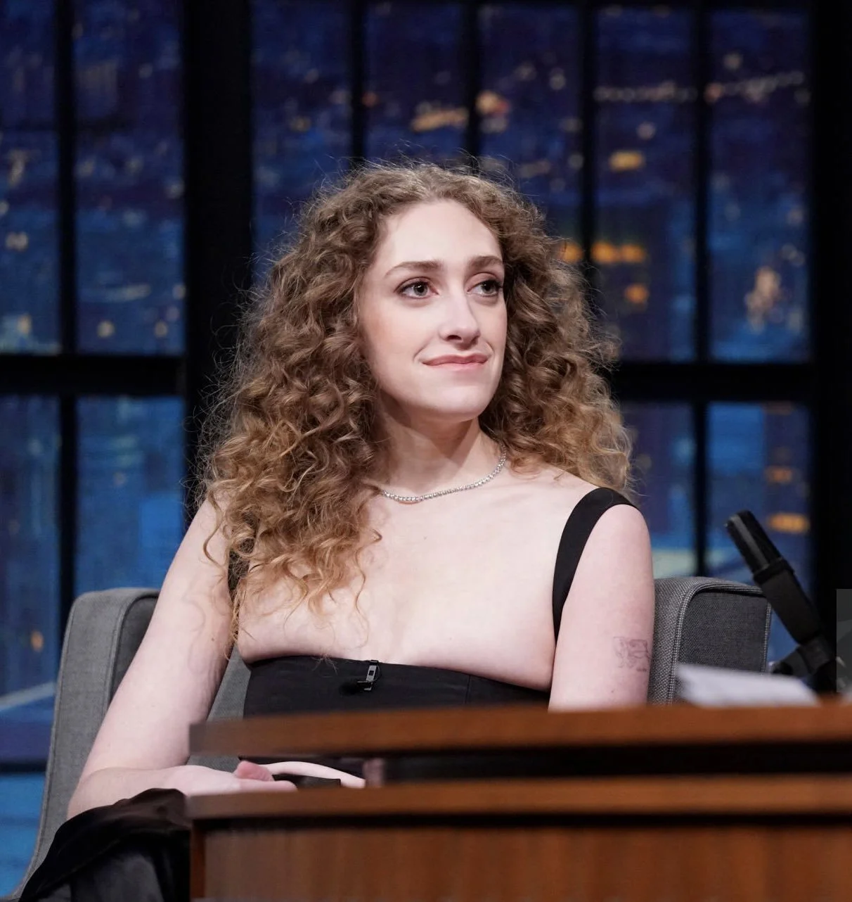 Micaela Diamond appearance on Late Night with Seth Meyers with glamorous hair and soft glam makeup by NYC hair and makeup artist