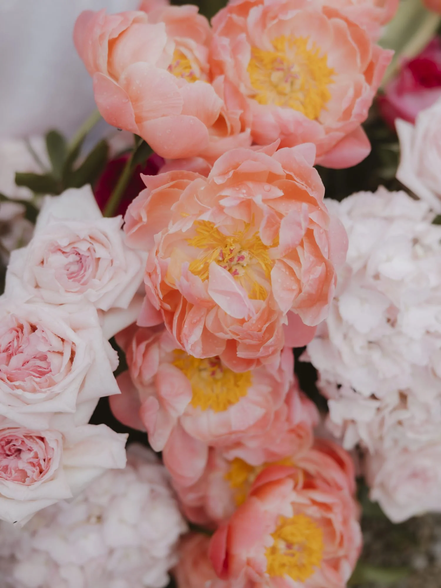 Pink and yellow peonys made by a flower artist for a wedding in Italy.
