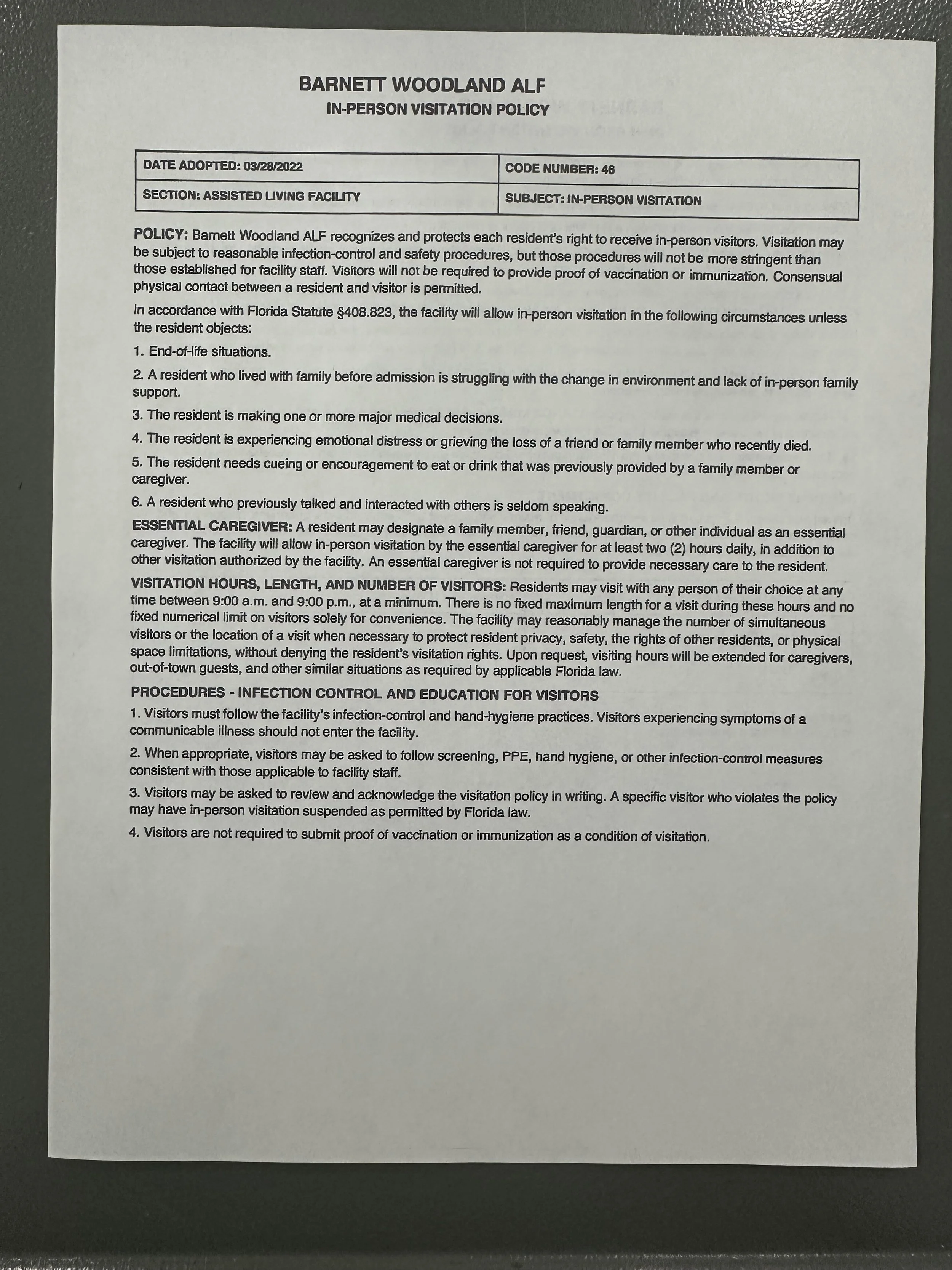 in person visitation policy document