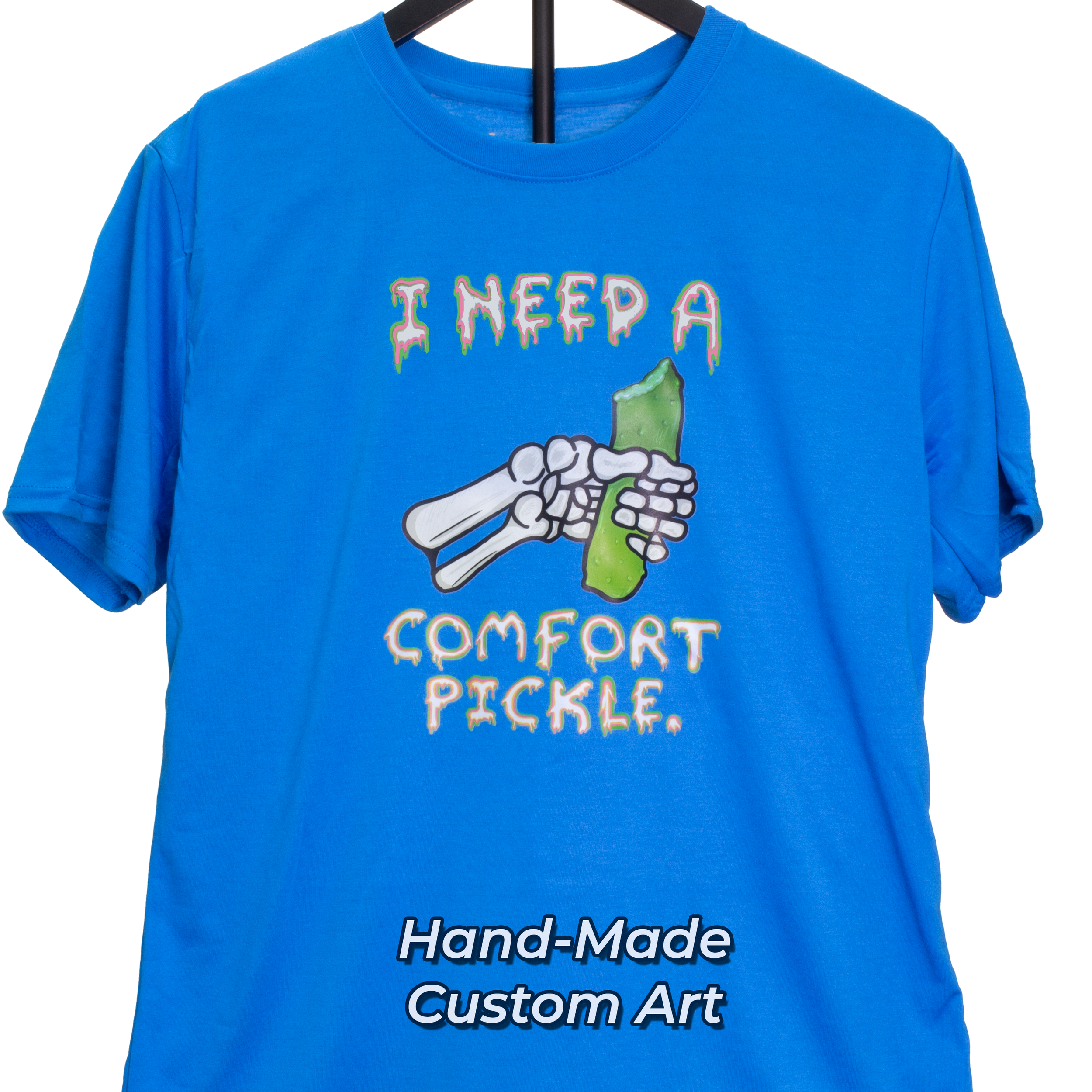 WithTextBrightBlueComfortPickleTeeOnStand.png