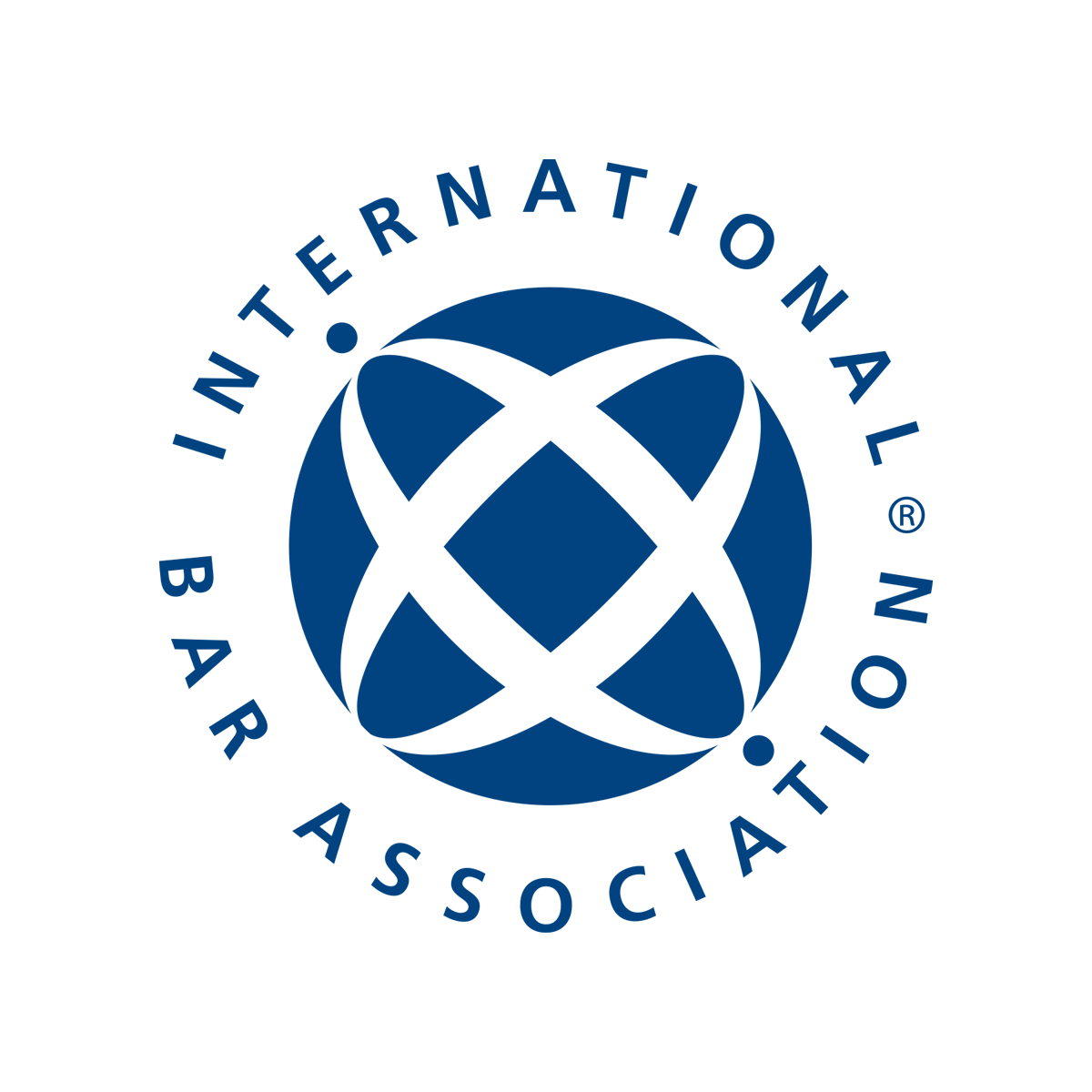 Logo of the International Bar Association featuring a blue globe with black intersecting lines and the organization's name encircling it.