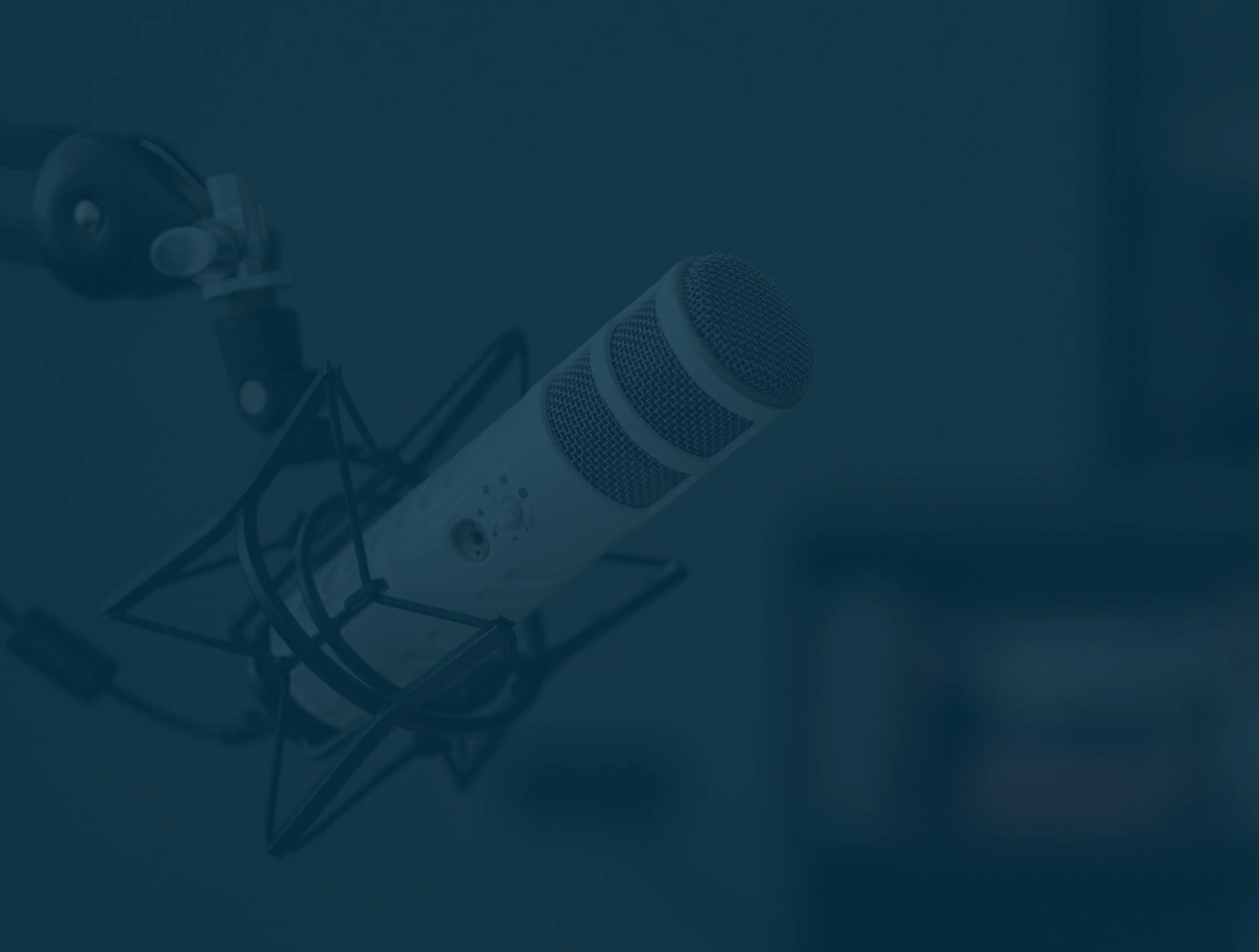 A professional studio microphone mounted on a shock mount, with a pop filter and adjustable arm, in a recording studio.