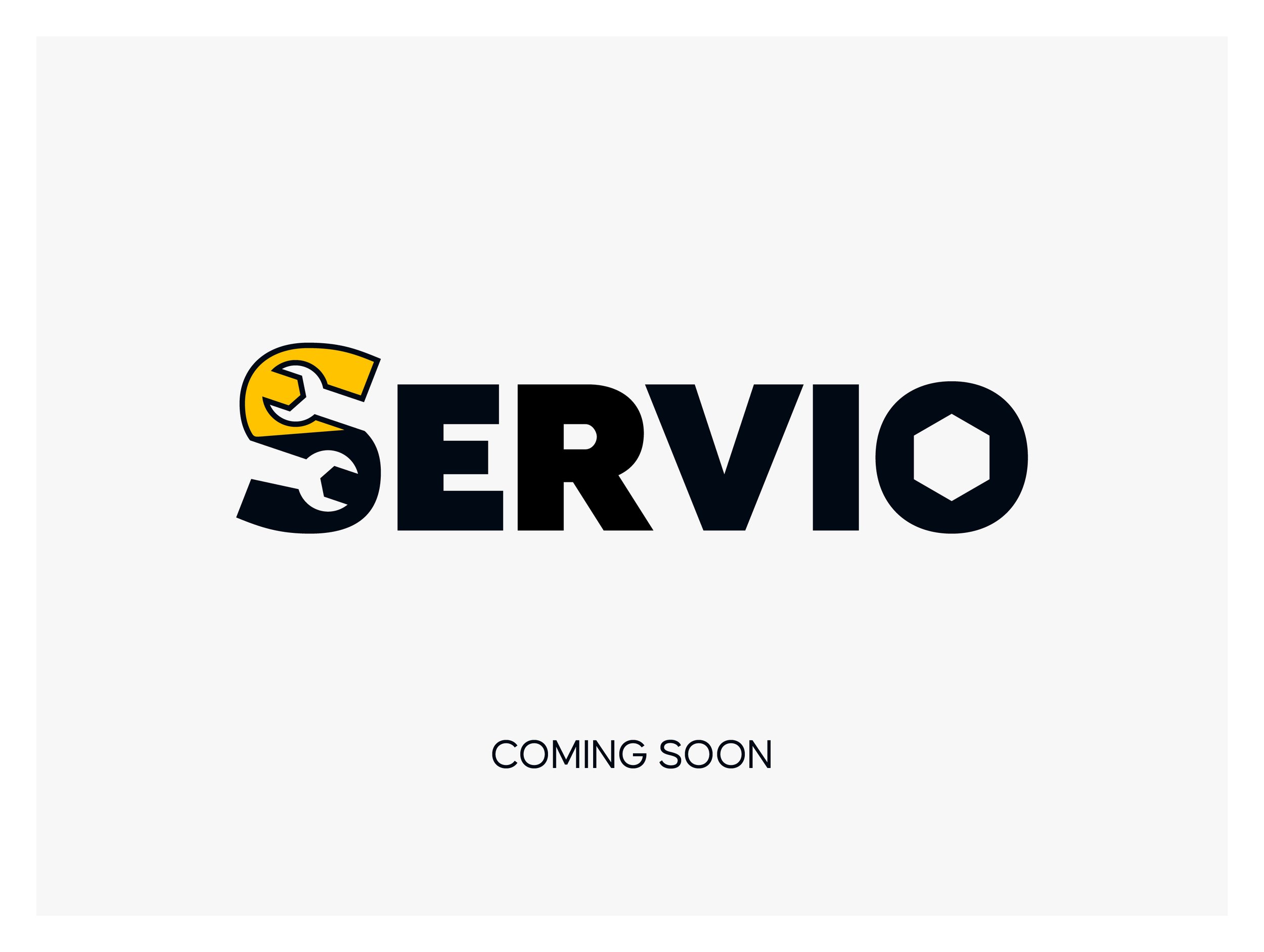 Logo with the word 'SERVIO' where the 'S' is stylized as a yellow gear with a wrench inside. Below the logo, the text reads 'COMING SOON'.