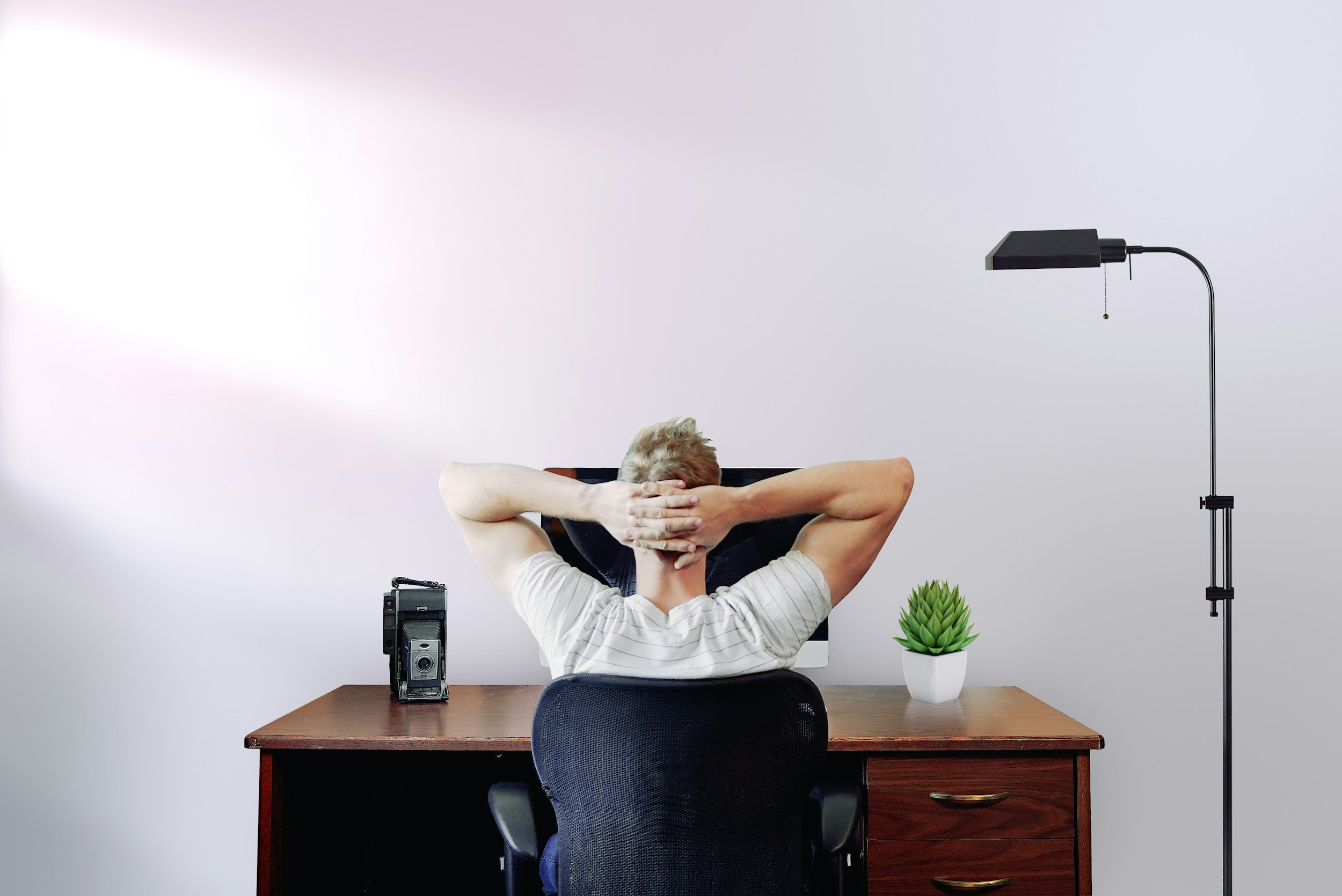 A person sitting at a desk with their hands behind their head, facing a computer monitor. The desk has a vintage camera on the left and a potted succulent on the right. A tall black floor lamp stands to the right, and the background is plain white.