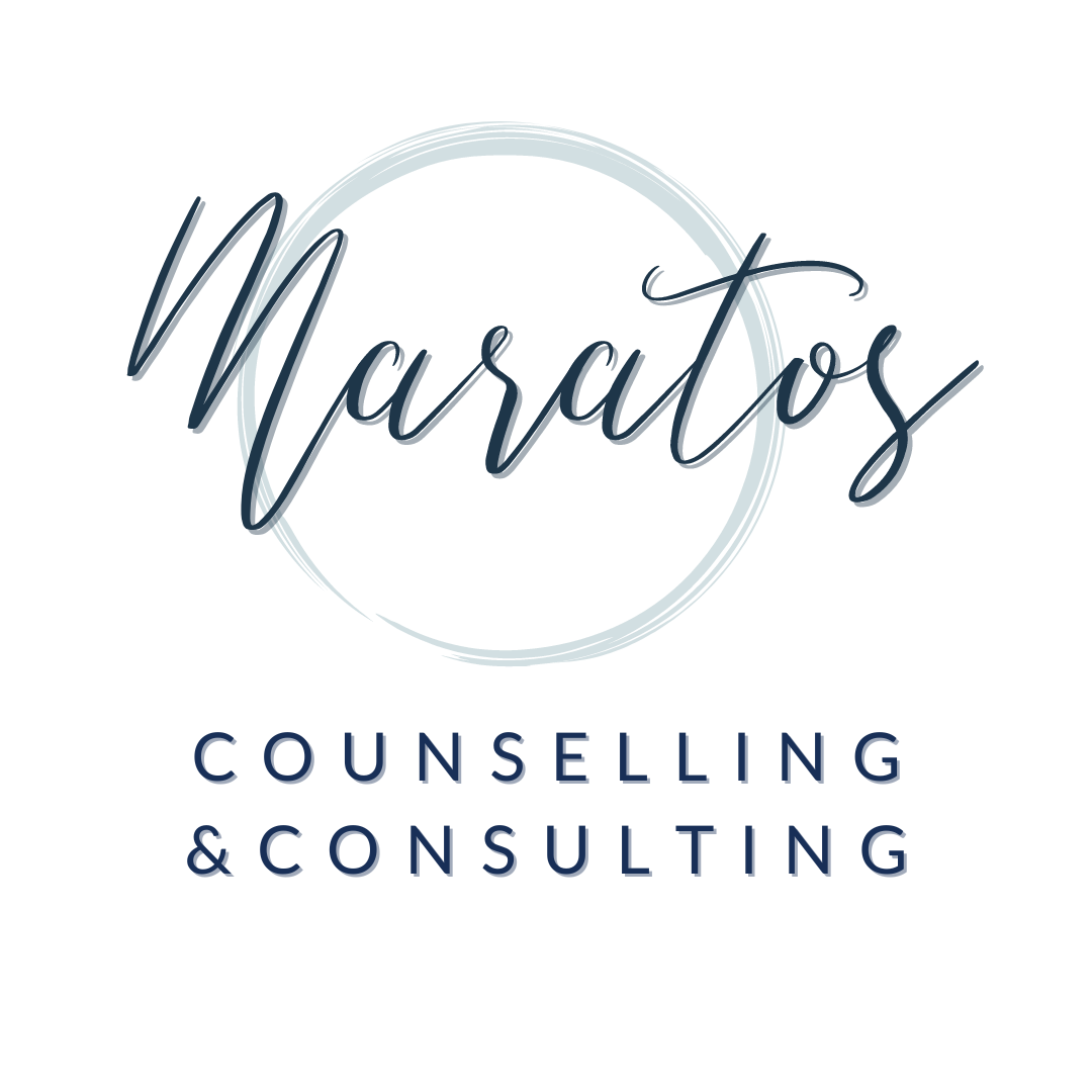 Logo for Maratos Counseling & Consulting, featuring a circular design with the business name in cursive and block letters.