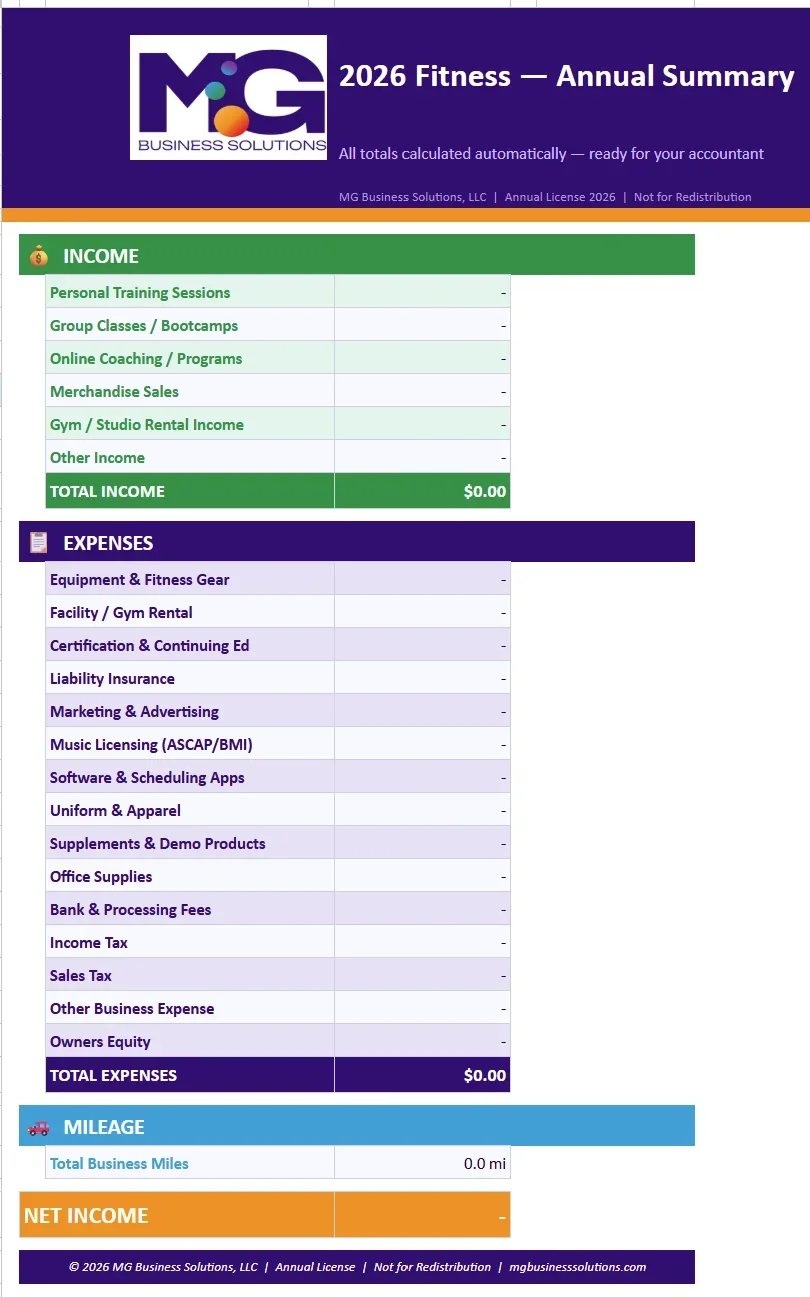 2026 Small Business Expense Tracker - Personal Trainer