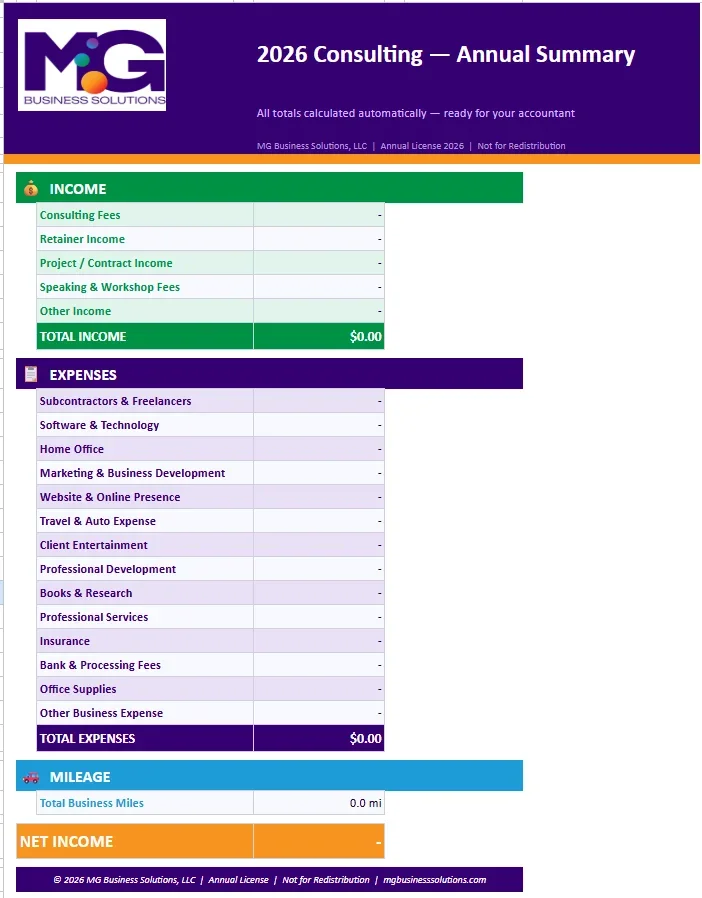 2026 Small Business Expense Tracker - Consulting