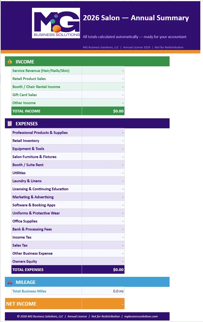 2026 Small Business Expense Tracker - Salon Owner