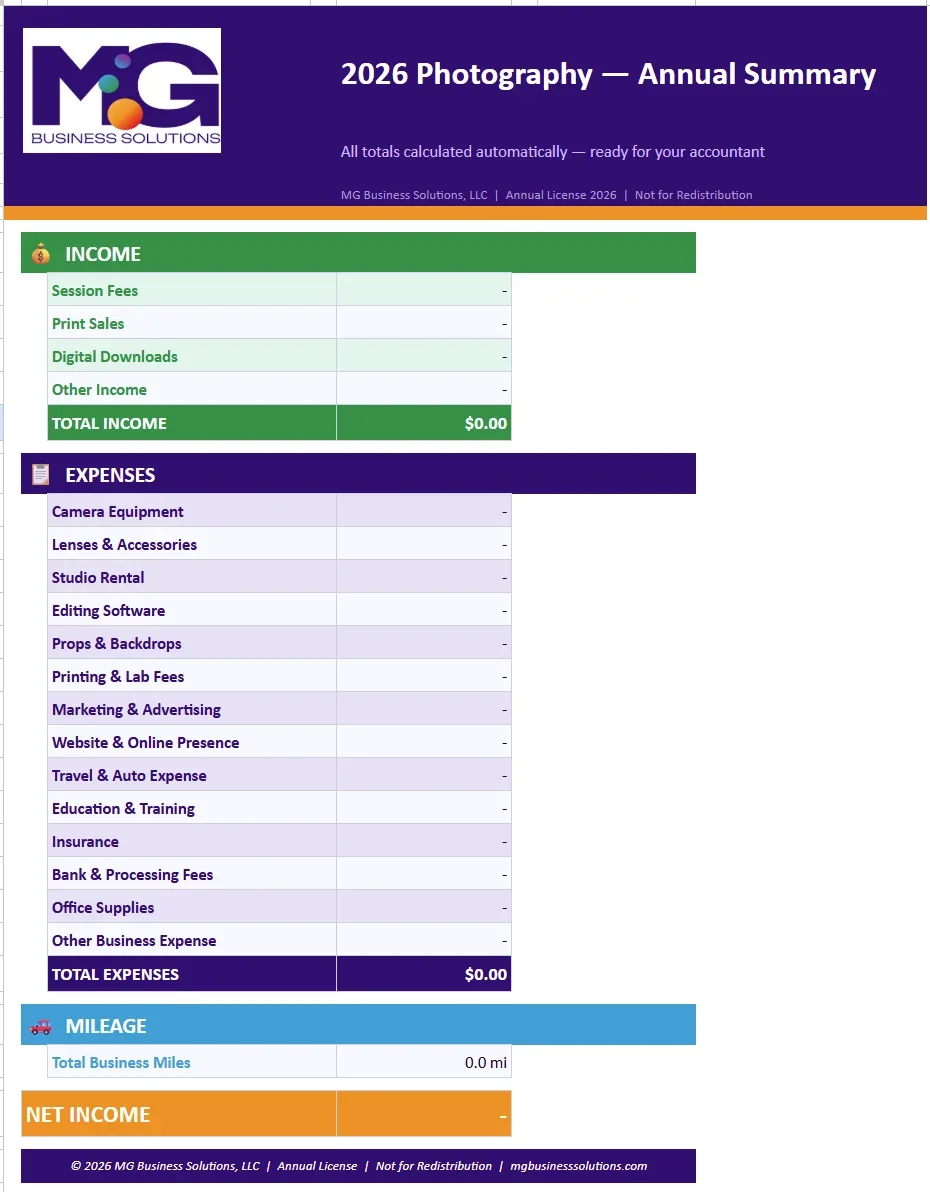 2026 Small Business Expense Tracker - Photographer