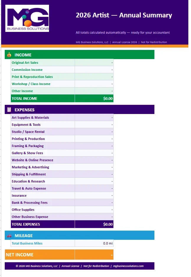 2026 Small Business Expense Tracker - Artist