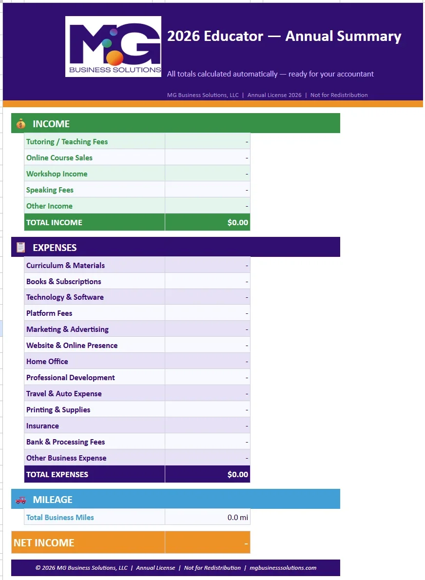 2026 Small Business Expense Tracker - Educator